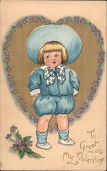 Blue-Suited Boy in Heart-Shaped Frame, Valentine's Greeting Postcard