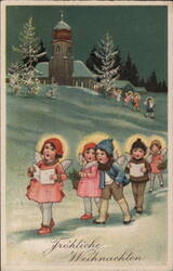Angelic Children Caroling in Snowy Village at Night Postcard