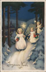 Three Angels in Snowy Woods with Star, Joyeux Noël Greeting Postcard