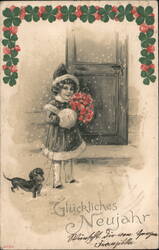 Girl with Roses and Dachshund, Happy New Year Greeting Postcard