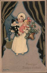 Child with Doll and Holly Sprig - Latvian Christmas Greeting Postcard