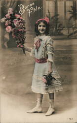 Girl with Flowers, Bonne Fête French Postcard Postcard