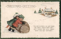 Children Rolling Christmas Candy Barrel, Winter Scene Postcard