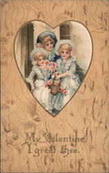 Three Little Girls with Roses, Valentine's Day Greeting Postcard