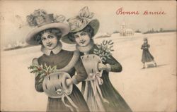 Bonne Année: Two Women with Holly and Mistletoe, Ice Skater in Background Postcard