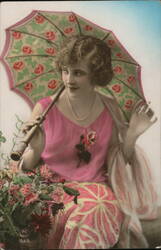 Smiling Woman with Parasol and Flowers Postcard