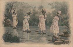 Four Women Crossing a Stream on Stepping Stones Postcard