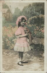 Girl in Pink Dress with Toy Fish, April Fool's Day Postcard Postcard