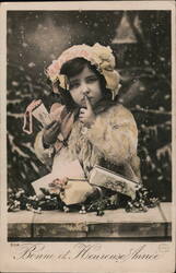 Little Girl in Fur Coat with Gifts, Bonne et Heureuse Année Postcard