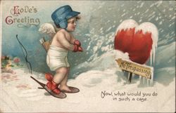 Love's Greeting, Cupid in Snow with No Trespassing Sign Postcard