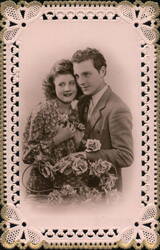 Romantic Couple with Basket of Roses Postcard