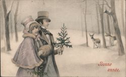 Couple with Evergreen Sprig, Deer in Snowy Woods, Bonne Année Postcard