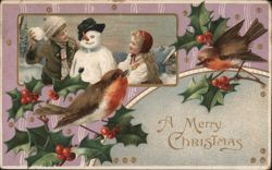 Children Building a Snowman with Robins and Holly Postcard