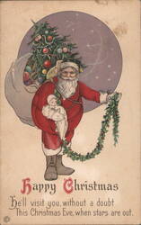 Santa Claus with Christmas Tree, Doll, and Garland Postcard
