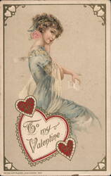 Romantic Woman in Blue with Valentine's Day Card Postcard