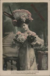 Elegant Lady with Roses, Bonne Année Greeting Postcard