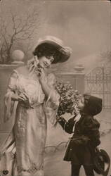 Elegant Woman Receiving Flowers from a Child in Winter Postcard