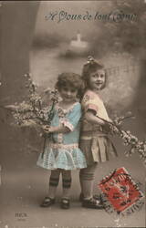 Two Young Girls with Flowering Branches, French Postcard Postcard