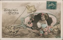 Girl in Easter Egg Carriage Pulled by Chicks Postcard