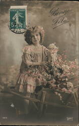 Girl with Flowers in Wheelbarrow, Bonne Fête French Postcard Postcard