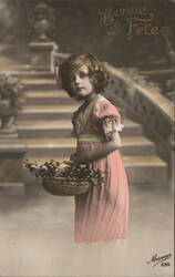 Girl in Pink Dress with Flower Basket, Bonne Fête Greeting Postcard