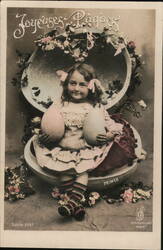 Girl in Giant Easter Egg with Colorful Eggs, Joyeuses Pâques Postcard