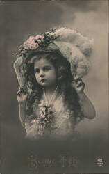 Little Girl in Floral Hat, Bonne Fête Greeting Postcard
