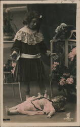 Little Girl with Fallen Doll, French Postcard Postcard
