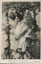 French Actress Lina Cavalieri Portrait, Embellished with Roses Postcard