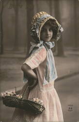 Girl with Flower Basket, Bonne Fête Greeting Postcard