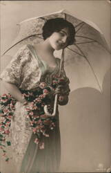 Smiling Woman with Parasol and Flowers Postcard