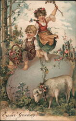 Children on Giant Easter Egg with Lamb Postcard