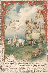Buona Pasqua: Cherubs in Egg Chariot Pulled by Rabbits Postcard
