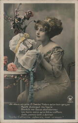 Young Woman with Hat, Roses, and Prayer to Saint Catherine Postcard