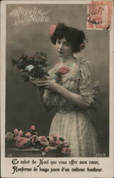 Young Woman with Holly & Clogs, French Christmas Greeting Postcard