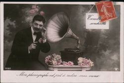 Man with Phonograph, French Postcard Postcard