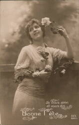 Woman with Roses, Bonne Fête Greeting Postcard