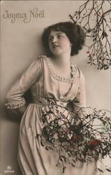 Young Woman with Mistletoe, Joyeux Noël Postcard