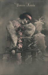 Elegant Woman with Fur Stole and Flowers, Bonne Année Greeting Postcard
