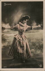 French Actress in Striped Dress, Reutlinger Photo Postcard