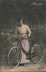Young Woman with Bicycle and Flowers, French Postcard Postcard