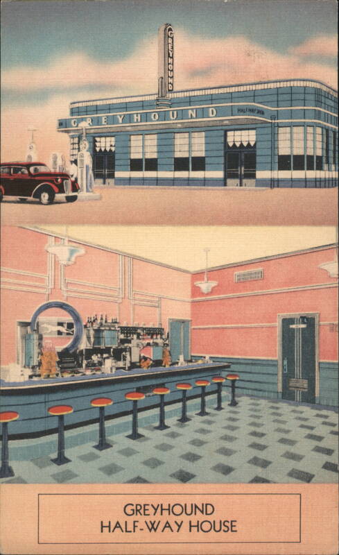 Greyhound Half-Way House Postcard Buses