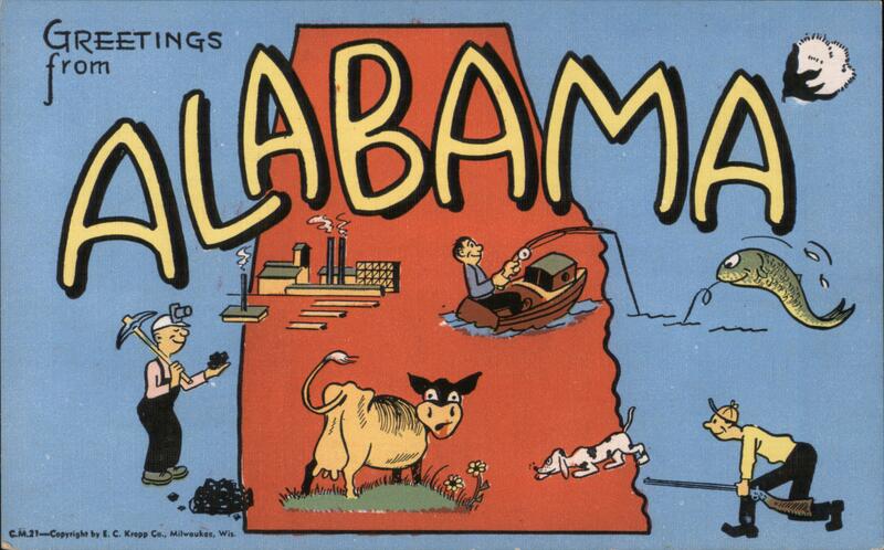 Greetings from Alabama Linen Postcard Maps