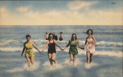 Four Women Holding Hands Wading in Ocean Surf Postcard