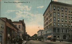 West Third Street, Jamestown NY - Trolley Cars & Businesses Postcard