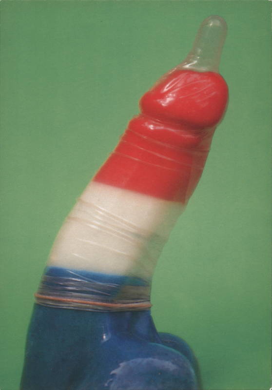 Ronald Hammega, 1987, Dutchmen do it with! Red, white, and blue phallus wearing condom