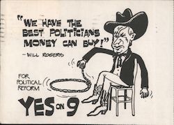 Vote YES on Proposition 9, The Political Reform Act of 1974. Will Rogers As Cowboy Throws A Lasso California Postcard Postcard Postcard