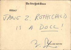 William Safire Autographed "Jane Z. Rothschild is a Doll!" Authors & Writers Postcard Postcard Postcard