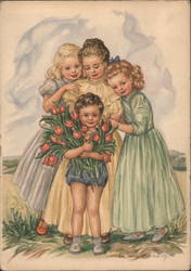 Painting of three young ladies surrounding a girl holding a bouquet of fresh tulips by Eva-Maria Stahlberg Postcard