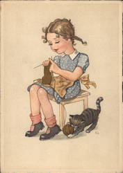 Child Sitting Down Knitting While Kitten is Playing with Her Yarn Ball Girls Postcard Postcard Postcard